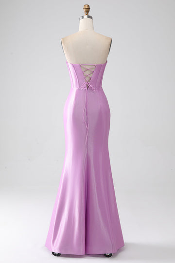 Strapless Purple Mermaid Corset Pleated Ball Dress with Pleated